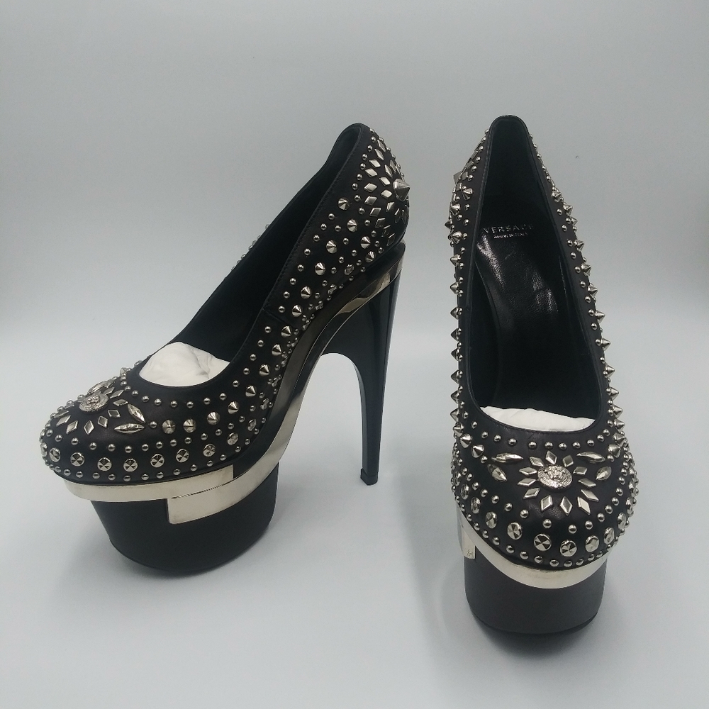 Versace Triple Platform black leather studded pumps